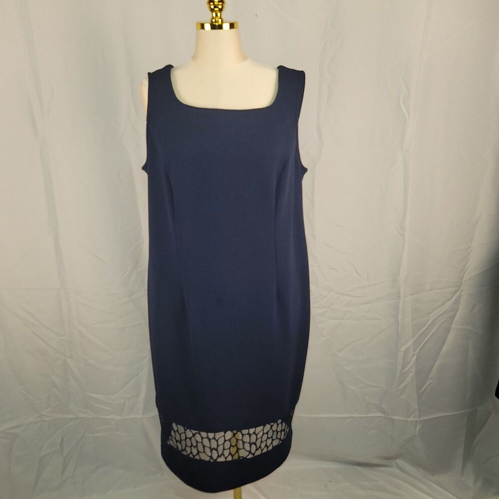 Maya Brooke Navy Blue Lace Hem Sheath Midi Dress Plus Size 16W Special Occasion